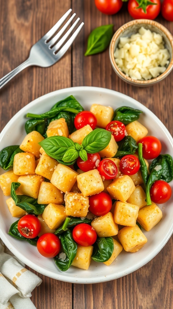 Sautéed cauliflower gnocchi with cherry tomatoes and spinach, garnished with basil and Parmesan cheese on a rustic table.